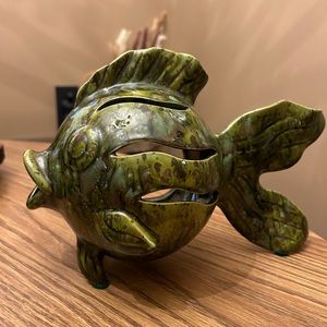 Blowfish - large tealight holder - shades of green pottery 7" tall x 11"…